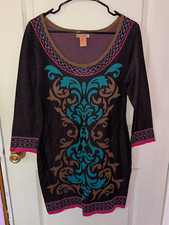 Flying Tomato Sweater Dress Black Teal Multi Bodycon 3/4 Sleeve Sz L