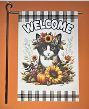 Garden Flag 12x18 Fall Autumn Cat Plaid Pumpkin Double Sided Handmade Welcome