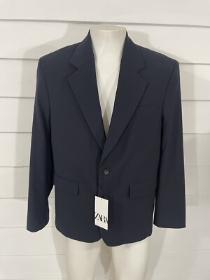 New ZARA MAN Navy Blue Suit Jacket Blazer Button Wool Long Sleeve