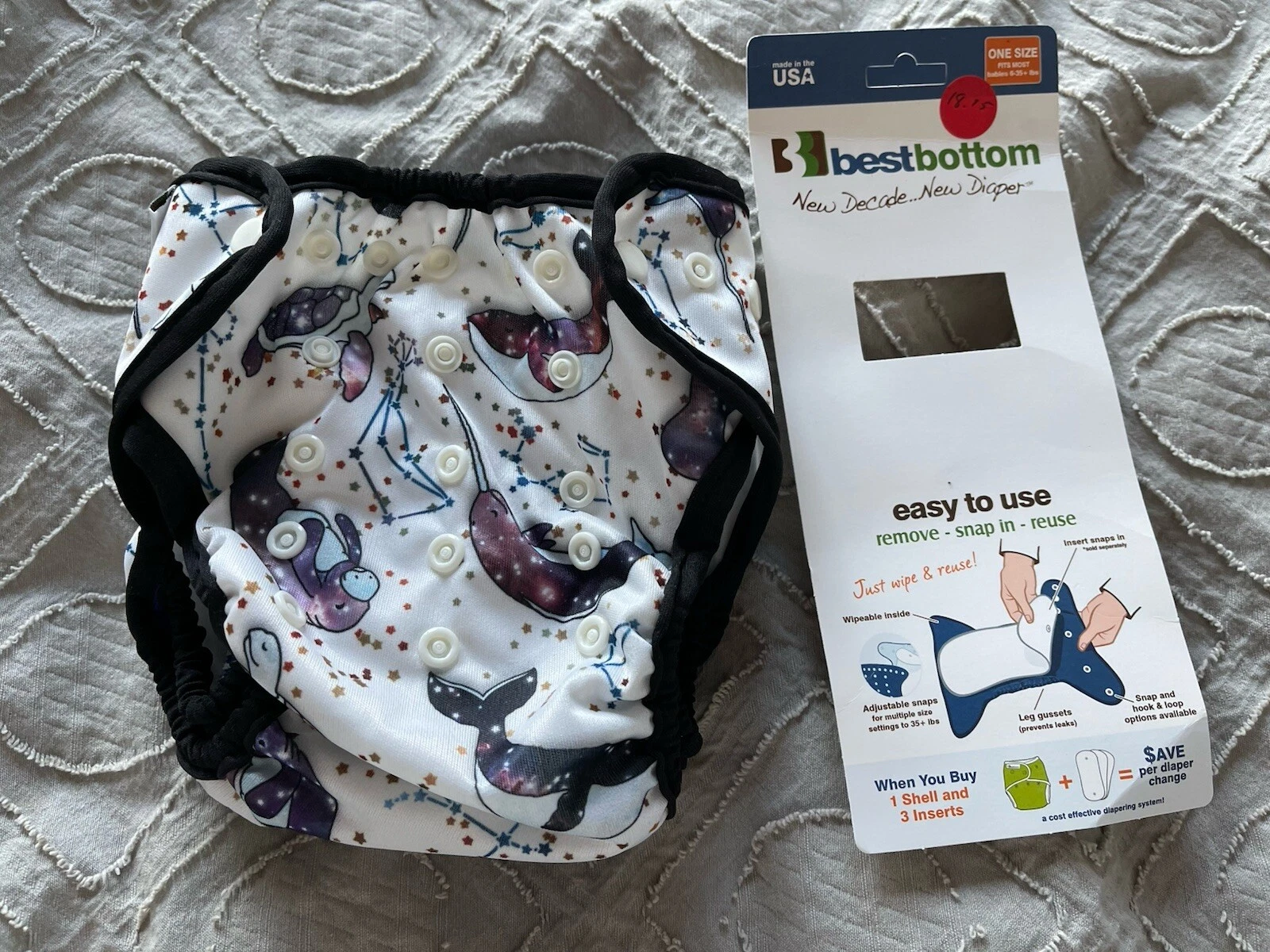 🐳 NEW! BestBottoms One Size Cloth Diaper + 2 Inserts “Celestial Sea” Narwhal
