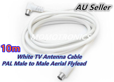 10M TV Lead Aerial Coaxial Cable Cord RF Fly PAL Male to PAL Male White ...