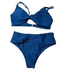 Blue Twist Front Bikini Set High Waisted Swimsuit Beachwear L