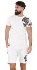 Mens tiger short set, urban street wear hip hop 2 piece cream
