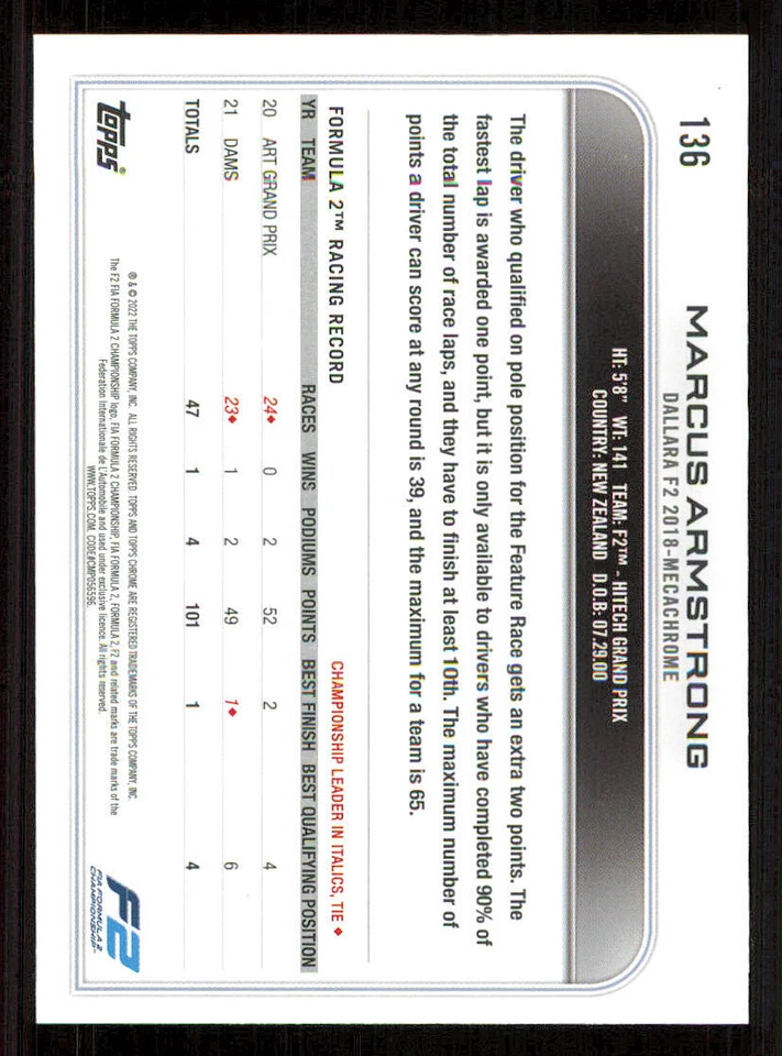 2022 Topps Chrome Formula 1 #136 Marcus Armstrong CAR - Image 2 of 2