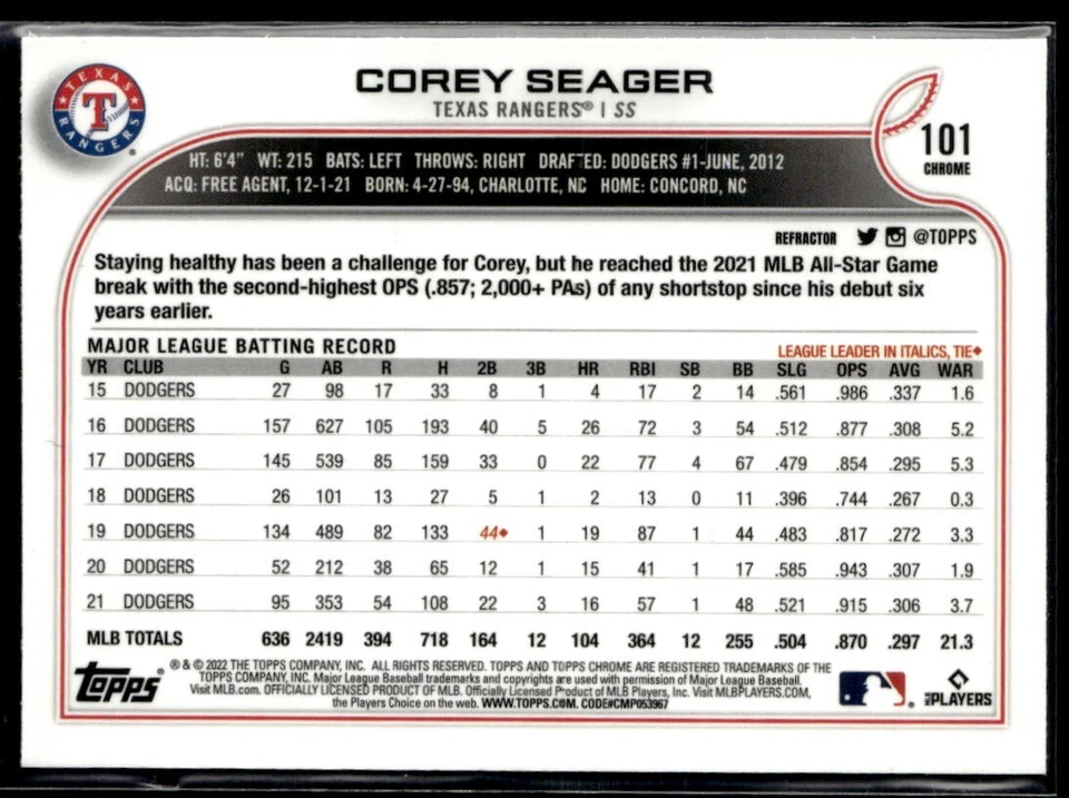 2022 Topps Chrome Refractor #101 Corey Seager  BB01R02A - Image 2 of 2