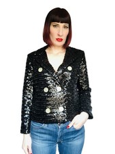 Vintage 1960s 60s Black Sequin Double Breasted Jacket Holiday Peacoat Medium M/L