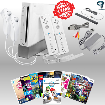 Nintendo Wii White Console Bundle 2 Remote Sets with 10 Games