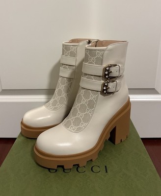 GUCCI Kensington GG Supreme Logo Platform Heel Crystal Buckle Ankle Boot 36.5