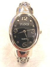 Studio Time Silver And Black Tone Women  s Cuff Watch
