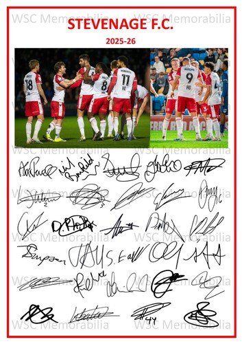 12259. 2025-26 Stevenage FC Signed Team Photo Sheet (PRINTED AUTOGRAPH - A4)