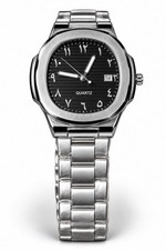 Men's Stainless Steel Quartz Watch Black Arabic Numerals Striped Dial Date New