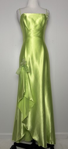 Jessica McClintock Gunne Sax Lime Satin Gown 7/8 Rosettes Y2K Prom Dress USA