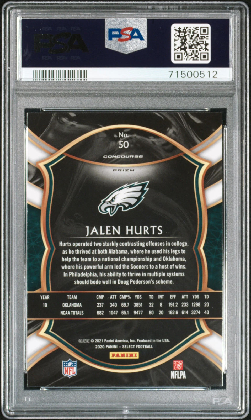 2020 Panini Select Jalen Hurts #50 Silver Prizm PSA 10 view 2