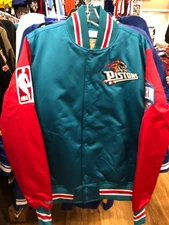 DETROIT PISTONS NBA SATIN JACKET  MITCHEL & NESS MENS  BIG LOGO TEAL/RED VINTAGE