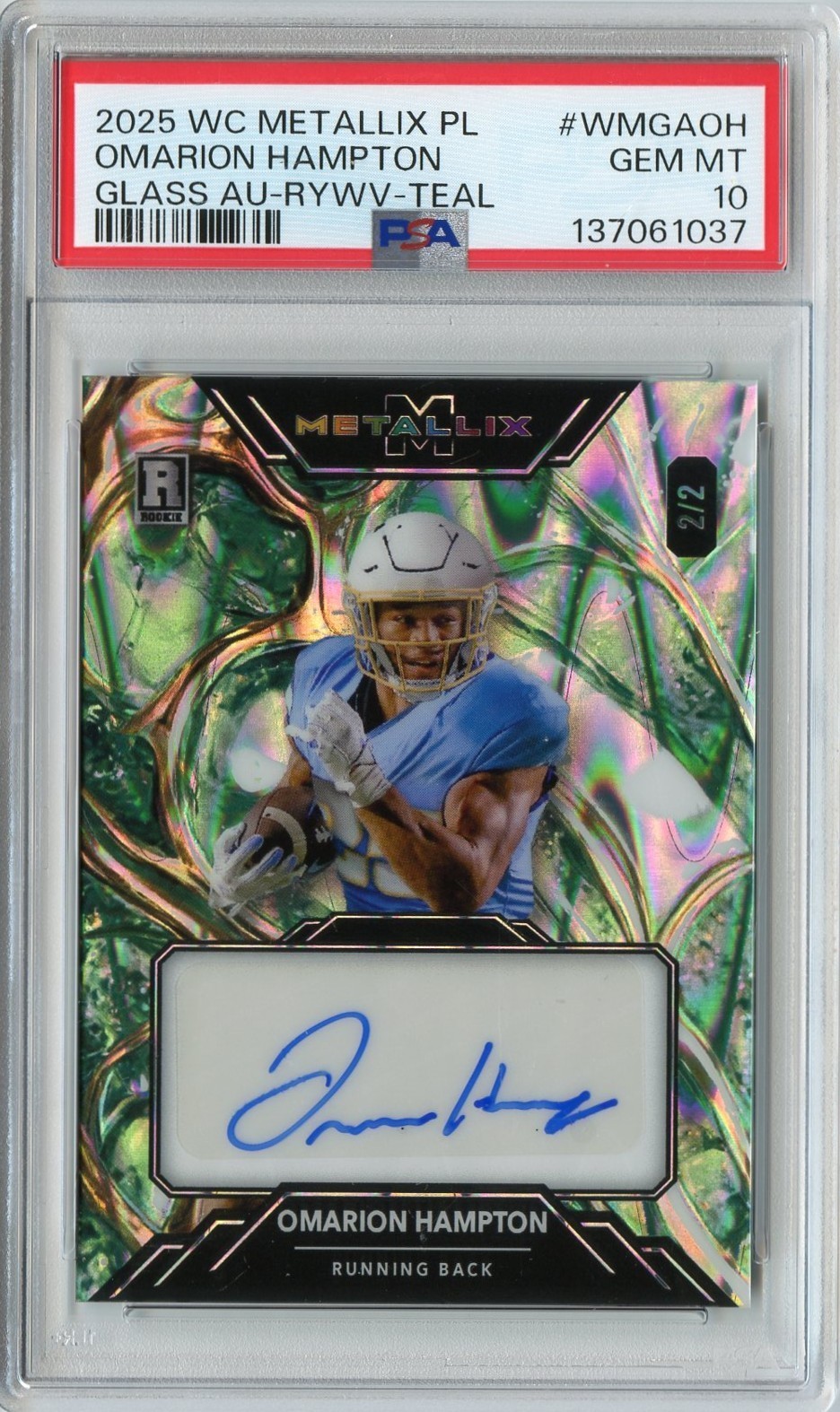 Omarion Hampton Wild Card Metallix Pro-Look Hobby Glass Autographs #WMGAOH Raywave Foil-Teal