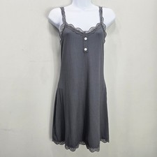 Mini Slip Dress M Gray Ribbed Lace Trim Tank Cami Button Front Whimsigoth Grunge