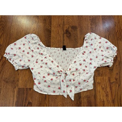 Cider Floral Bubble Sleeve Knot Front Crop Blouse White Women s XL Trendy