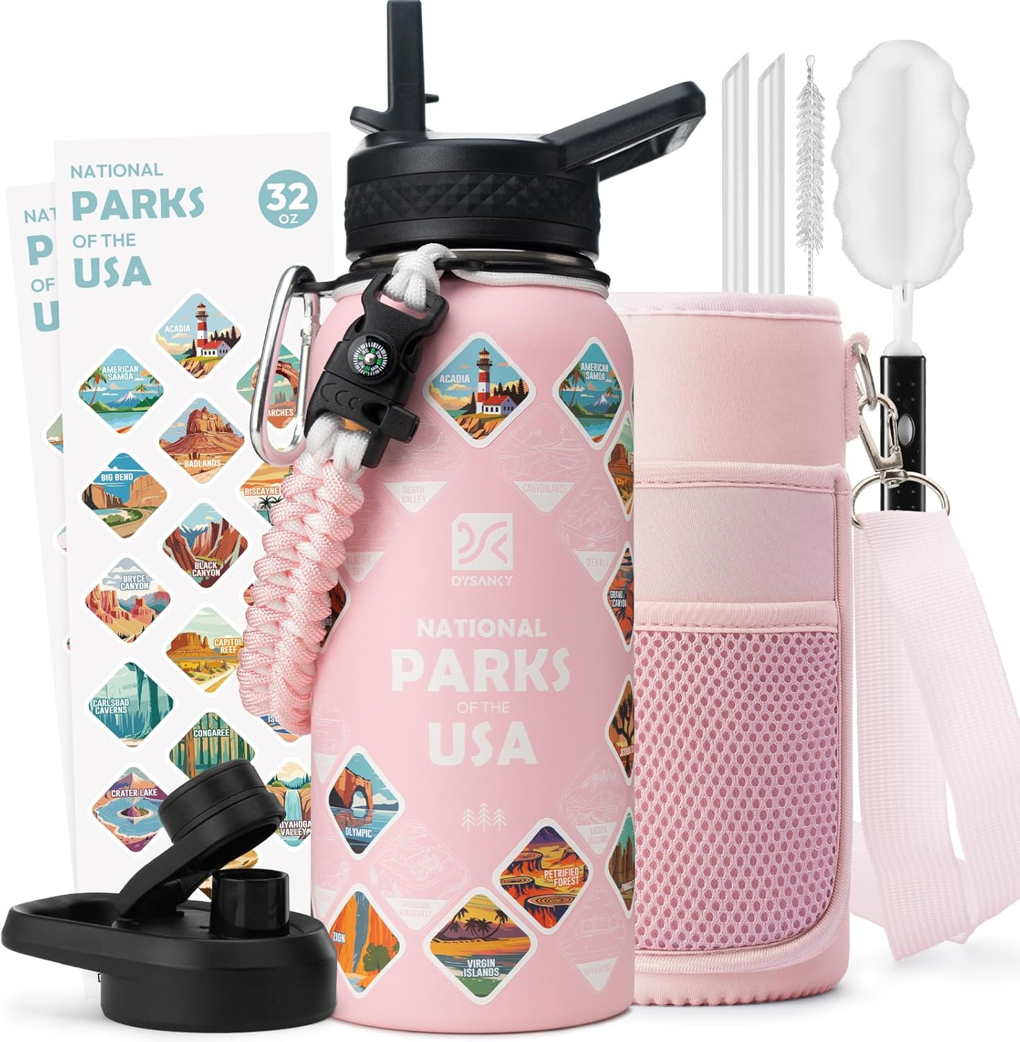 Insulated sports water bottle with straw and strap for gym t