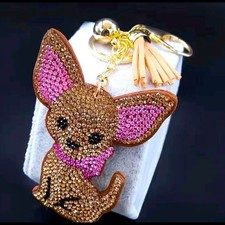    New Brown  Pink Crystal Rhinestones Chihuahua Dog Keychain Purse Charm w Ta