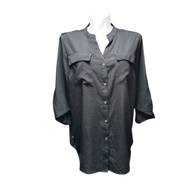 Calvin Klein Women s Plus 1X Top Black Long Sleeve Sheer Button Up Shirt
