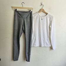 Nike Dri-FIT Long Sleeve Top White  Grey Leggings Set Size Small EUC