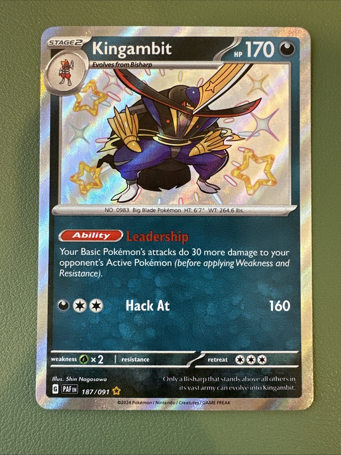 Pokemon Card Kingambit 187/091 Paldean Fates Shiny Rare Near Mint