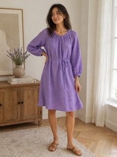 Gap Purple Solid A-Line Knee Length Dress S 3/4 Balloon Sleeve Belted