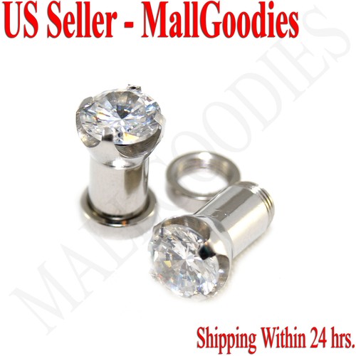 V076 Screw-on/fit Solid Clear CZ Prongs Retainers Ear Plugs 8G - 5/8" Earrings - Picture 5 of 7