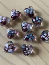 10 PURPLE  HEART WITH BLUE PINK FLOWERS  20mm Lampwork Glass Beads Jewelry
