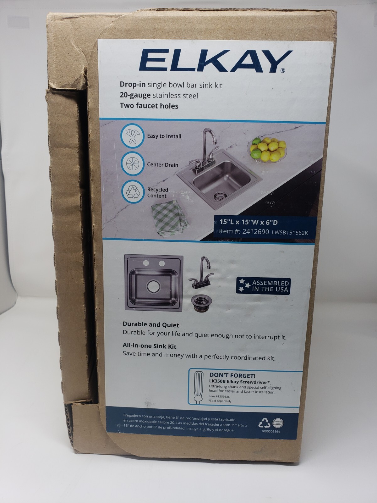 Elkay Bar Sink Kit 15"x15"x6" Deep with Faucet and Drain 2412690