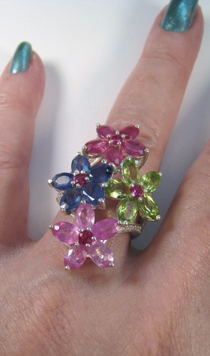 RUBIN, BLAU/GRÜN/WEISSER SAPHIR RING 12,31 CTW GR. 7,5 WEISSGOLD über 925 SILBER - Bild 1 von 11