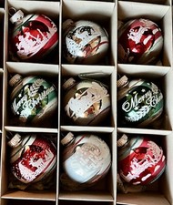 9 LARGE Shiny Brite Christmas Ornaments Stenciled Flocked Rounds Radko Retro