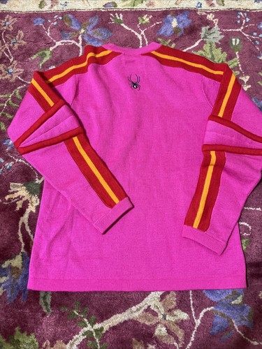 Girls Spyder Pink Wool Sweater Size L Red Stripes Crew Neck - Picture 5 of 6