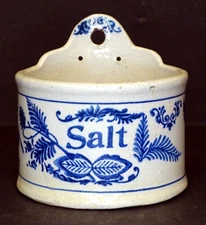 Antique BLUE WHITE STONEWARE Primitive SALT BOX CROCK with FANCY FLORAL STENCIL