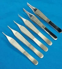 SET OF 6 ASSORTED ADSON TISSUE BROWN DRESSING FORCEPS 4.75" SURGICAL INSTRUMENTS