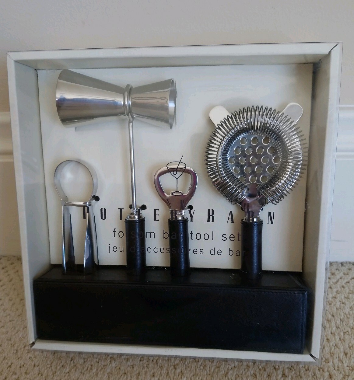 Pottery Barn Bar Tool Set Gift Folsom Stainless Steel Black