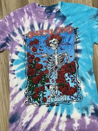 T-Shirt Grateful Dead flüssigkeitsblau lila Krawatte gefärbt Skelett rot Rosen Gr. SMALL - Bild 8 von 12