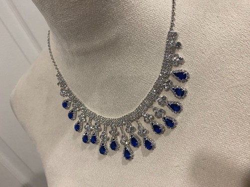 Royal Blue Color Crystal Necklace Earrings Jewelry Set - Picture 6 of 11