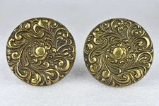 Pair of Vintage Ornate Brass Round Medallion Curtain Drapery Hold Backs Tiebacks