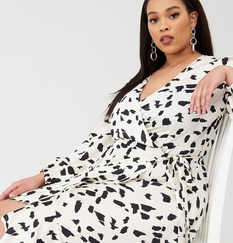 Curve Satin Ruffle Print Maxi Dress - Mono Print Ivory UK 24 - Picture 2 of 3