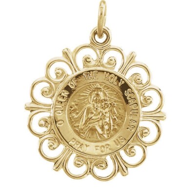 Scapular Medal Pray For Us 14K Yellow Gold 18 mm For Necklace
