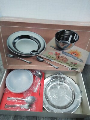 N.O.S. Tramontina T011 5PC. CHILD'S SET, BOWL, PLATE, UTENSILS, STAINLESS STEEL