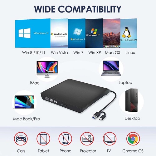 External CD DVD Drive Type C USB 3.0 Disc Player Burner Writer For Laptop PC Mac - Picture 12 of 16