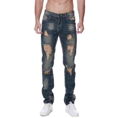 Men Distressed Denim Jeans Ripped Destroy Trousers Holes Slim Straight Leg Pants