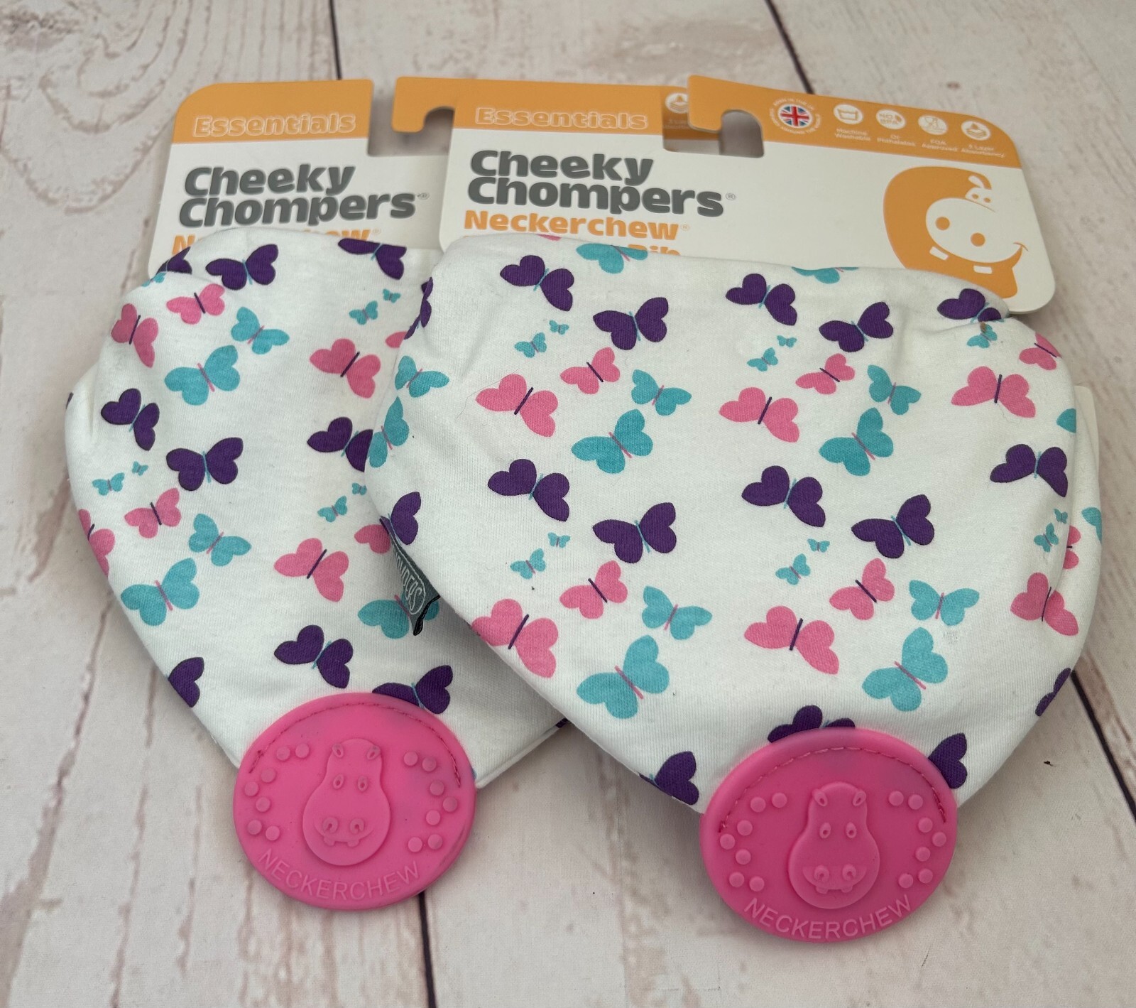Cheeky Chompers Teething Dribble Bib Neckerchew Teether - Butterflies x 2