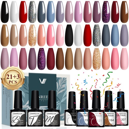 24 Pcs Gel Nail Polish Set 21 Popular Colors Gel Nail Polish Base Coat Glossy &