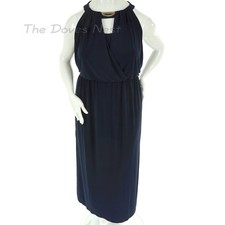 CHAPS WOMAN by Ralph Lauren Size 16W Keyhole CHAIN Neck NAVY MAXI DRESS Slits
