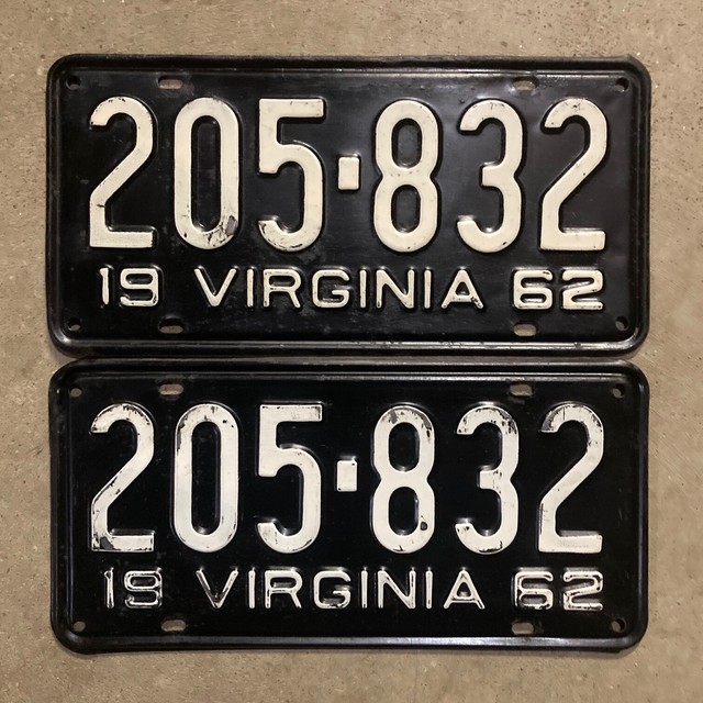 1963 Virginia license plates matching pair DMV clear for vintage