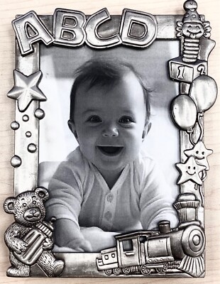 Pewter Silver ABCD Teddy Bear & Train Nursery Toys 4x6 Baby Photo Frame