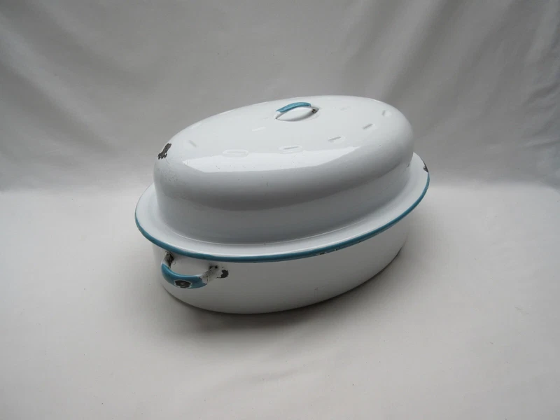 vintage blue and white enamel lidded casserole dish